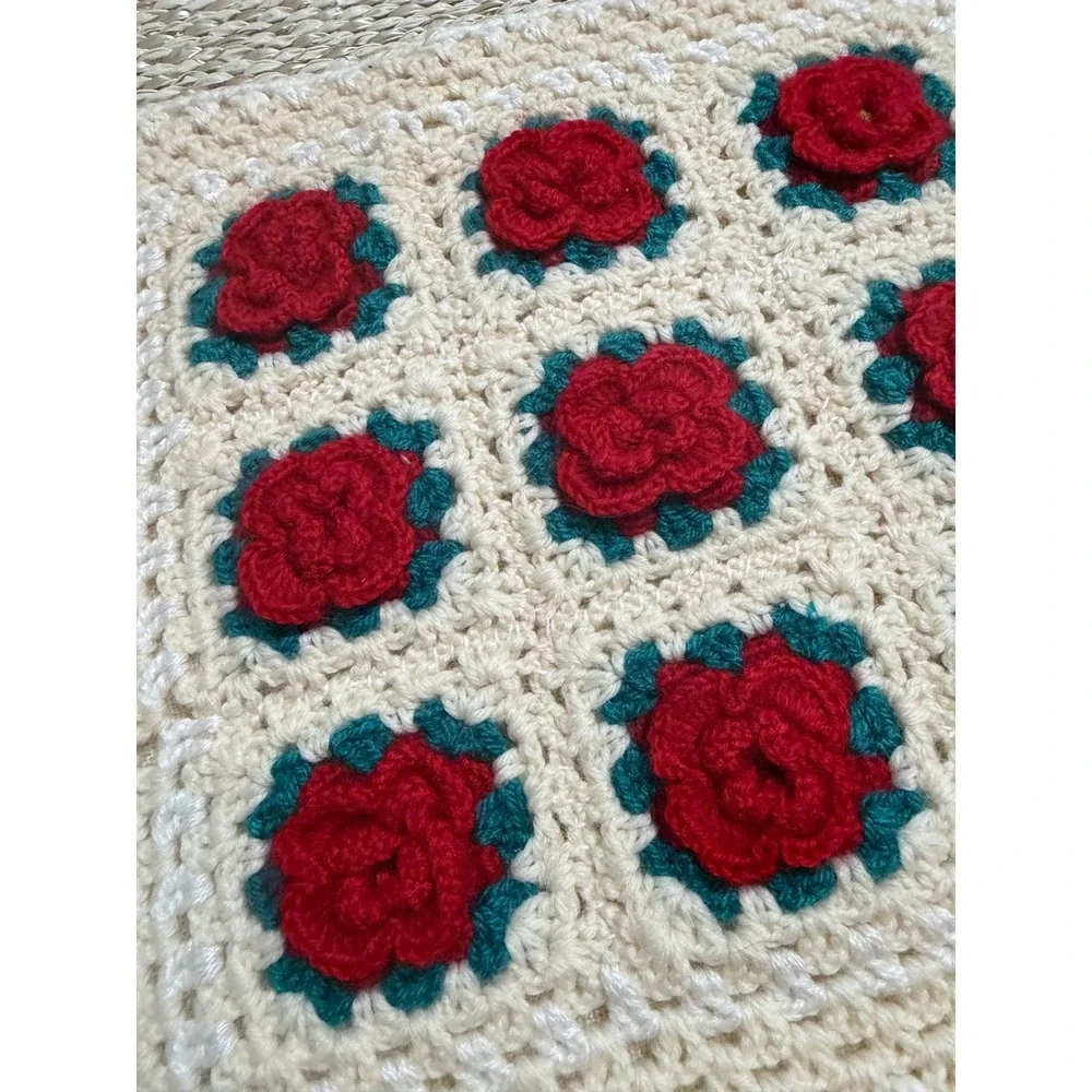 Handmade Crochet Rose Floral Granny Square Pillow Cover cottagecore 13x11 Boho